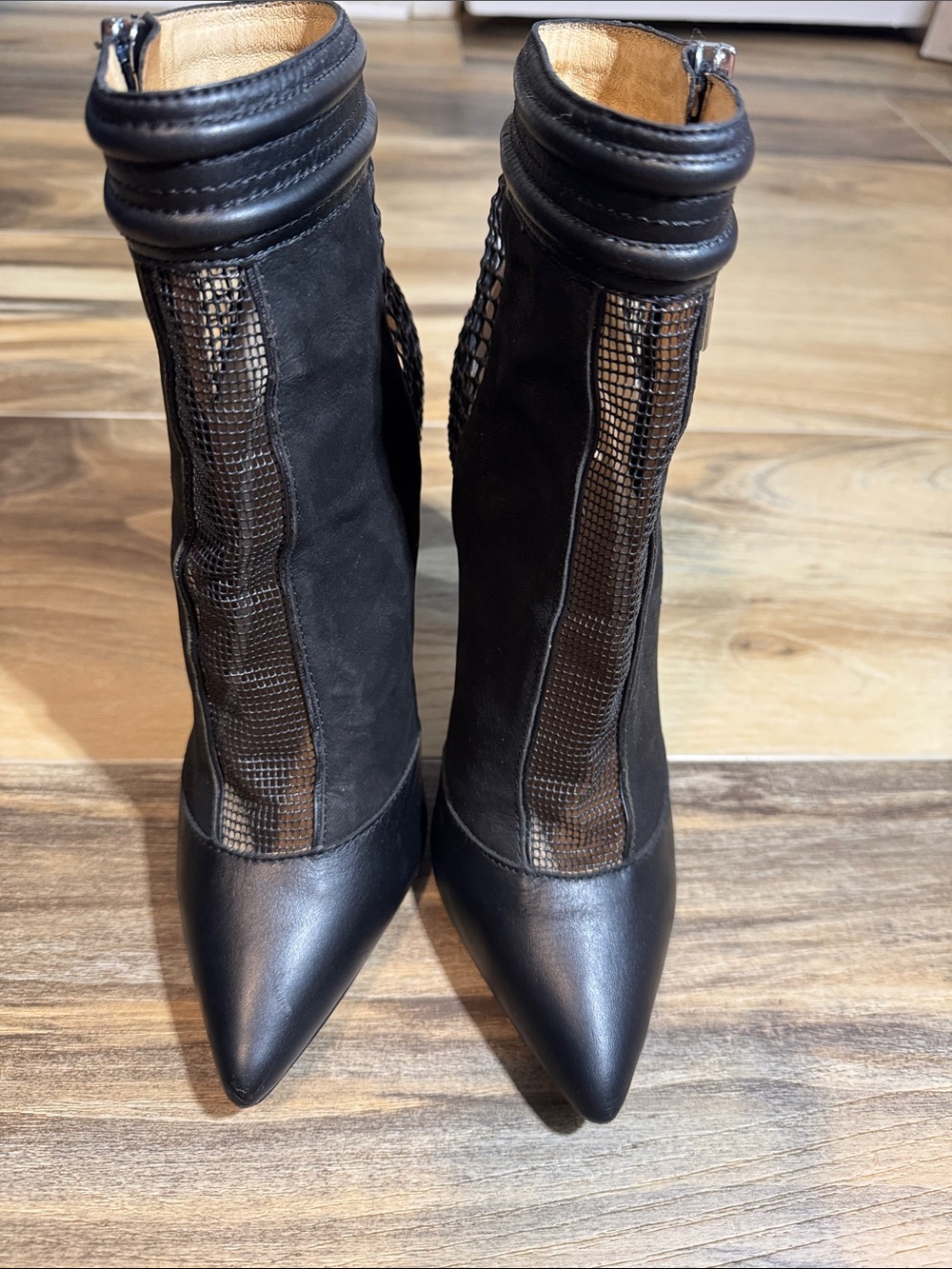 L.A.M.B. "Sloan" Black Leather Mesh Ankle Stiletto Boots – Women's Size 8.5M